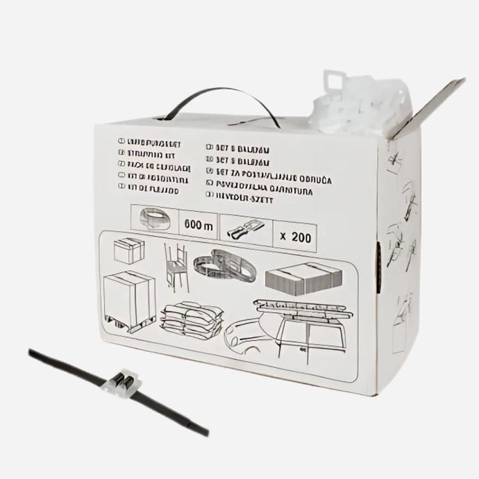 PP-band set zwart 12mm 600mtr + 200 gespen